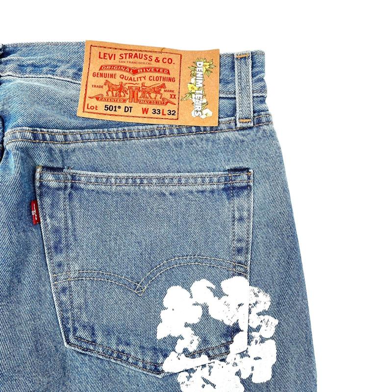 Denim Tears x Levi's 501 Cotton Wreath Logo Jeans Light Wash Indigo White
