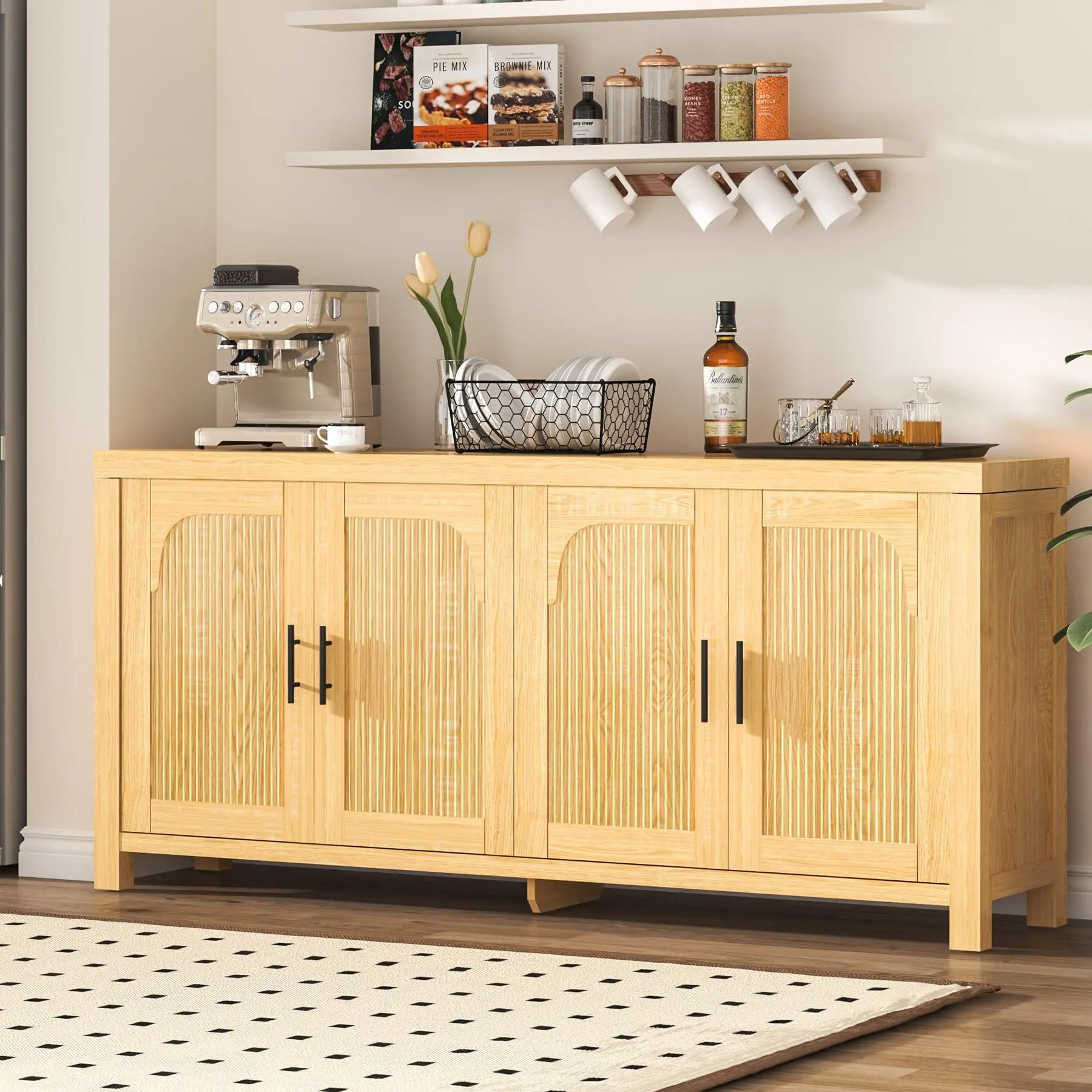 Sturdy 71" Light Oak Sideboard Buffet Cabinet - Arched 4 Doors, Fluted Reeded Wood Credenza with Cable Management, Adjustable Shelves, Natural Wood Modern Farmhouse Accent Table for Kitchen, Living Room (Assembly Required)
