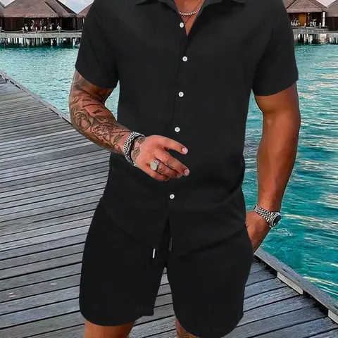 Two-Piece Set Men's Regular Fit Solid Textured Breathable Collared Short Sleeve Shirt & Shorts Tropical Summer Set for Men, Mens Clothes for Beach Vacation Outfit Set