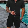 Two-Piece Set Men's Regular Fit Solid Textured Breathable Collared Short Sleeve Shirt & Shorts Tropical Summer Set for Men, Mens Clothes for Beach Vacation Outfit Set