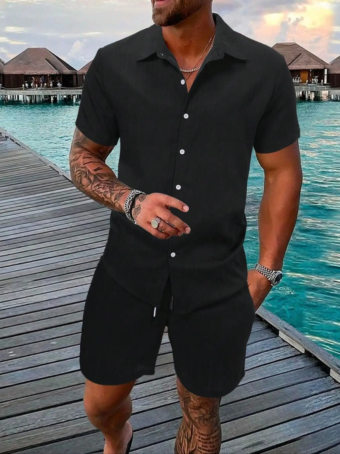 Two-Piece Set Men's Regular Fit Solid Textured Short Sleeve Shirt & Shorts, Casual Summer Set for Men, Mens Clothes for Beach Vacation