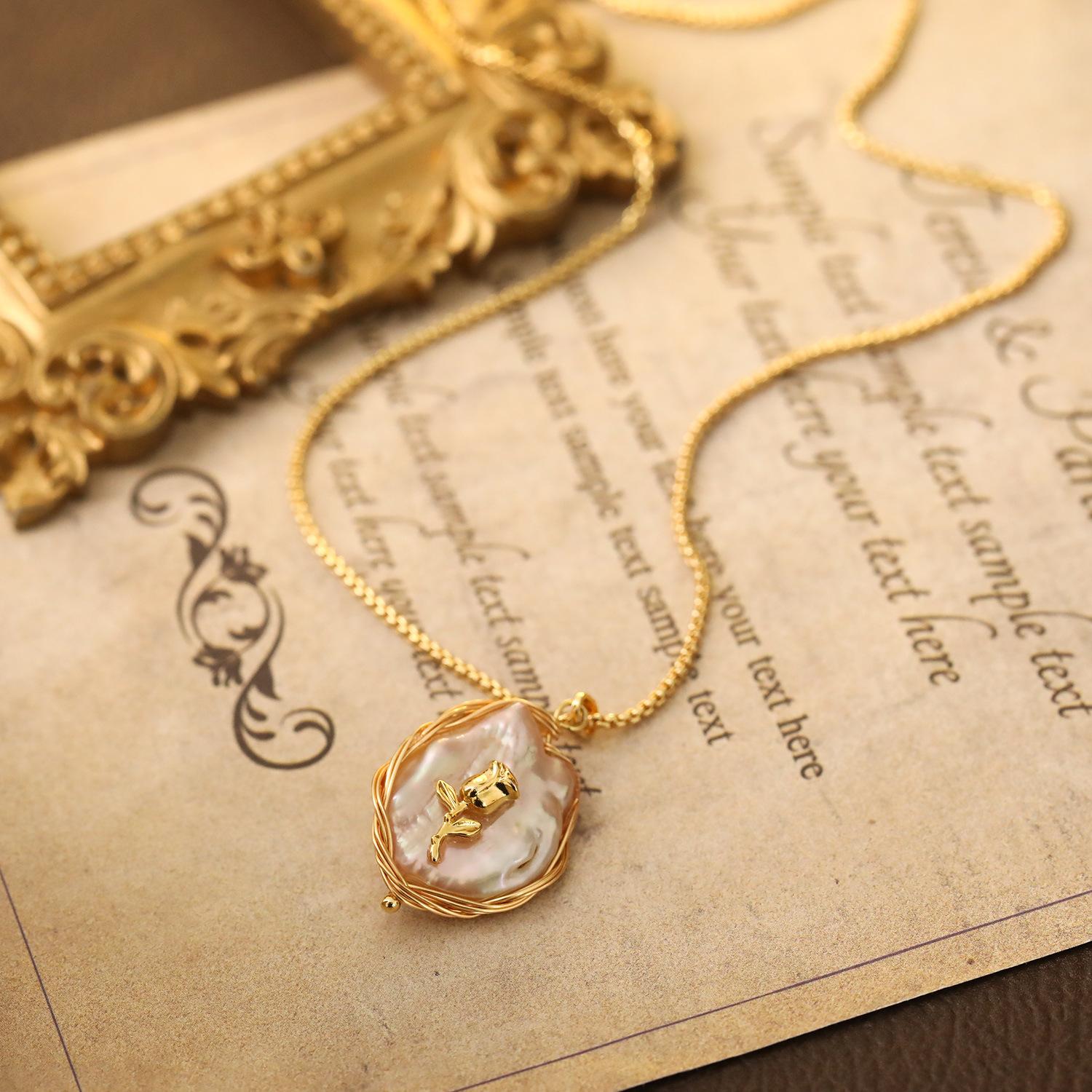 Vintage Large Baroque Pearl Pendant Necklace, 18K Gold Plated Tulip Clavicle Chain, Dainty Luxury Sweater Chain, Trendy 2026 Jewelry Gift for Her