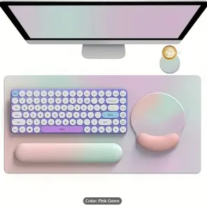 HUADO Keyboard Wrist Rest, 35.4*15.7inch Desk Mat, Ergonomic Mouse Pad Wrist Support, 4 PCS/Set Gaming Mousepad With Coaster Set, Non-Slip Base Desk Pad Large For Women Home Office, Pink Green