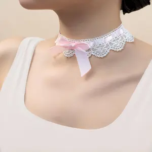 Kenfery Vintage Bow-Knot Choker Necklace Sexy Lace Collar Necklace Cute Pink Prom Party Ball Wedding Necklace for Women