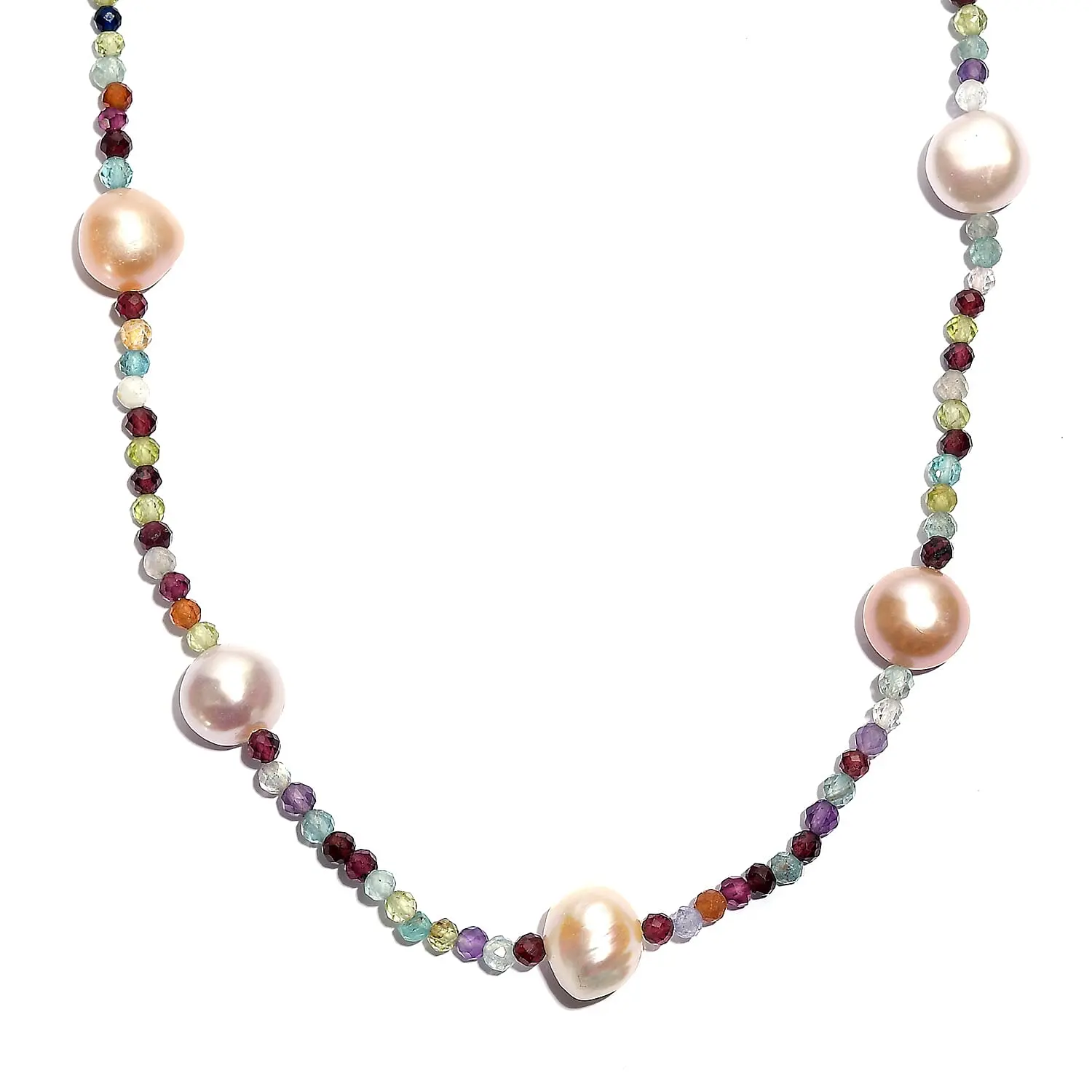 D’Joy Multi Color Freshwater Pearl, Multi Gemstone Beaded Necklace (24 Inches) in Rhodium Over Sterling Silver 25.00 ctw