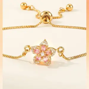 Rotatable Pink CZ Cherry Blossom Fidget Bracelet for Women, 14K Gold Plated Floral Anxiety Relief Bangle, Adjustable Sliding Chain Stress Relief Jewelry, Hypoallergenic Dainty Bracelet for Daily Wear & Romantic Gifting