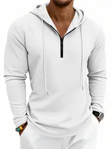 Men's Classic Solid Color Waffle Half-Zip Hoodie for Daliy Wear, Long Sleeve Drawstring Pullover, Casual Lightweight Hooded Top, Streetwear Fashion, Sweatshirts, Casual Sporty Hoodies, Multiple Colors Available