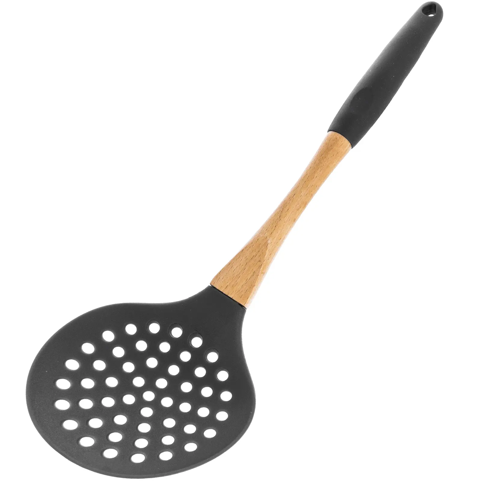 BEILLE Grey Nylon Skimmer Spoon with Soft Grip Ergonomic Wooden Handle 13 Inch Dishwasher Safe Kitchen Utensil for Hot Oils & Broths