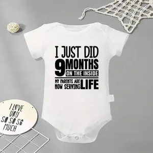 9 Months Inside Parents Serving Life Baby Bodysuit, Funny Infant Newborn Clothes 100% Cotton Jumpsuits Baby Boys Girls Casual Rompers Baby Gift Baby Short Sleeves Onesie Clothes Letter Pattern Baby Outfit for Outdoor Indoor