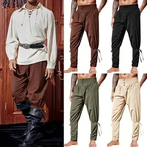 Men'S Medieval Renaissance Viking Pirate Tapered Ankle Pants - Polyester Knit, Lace-Up Tassels, Brown, Casual Style for Halloween, Thanksgiving, Mardi Gras Costumewomen's clothing