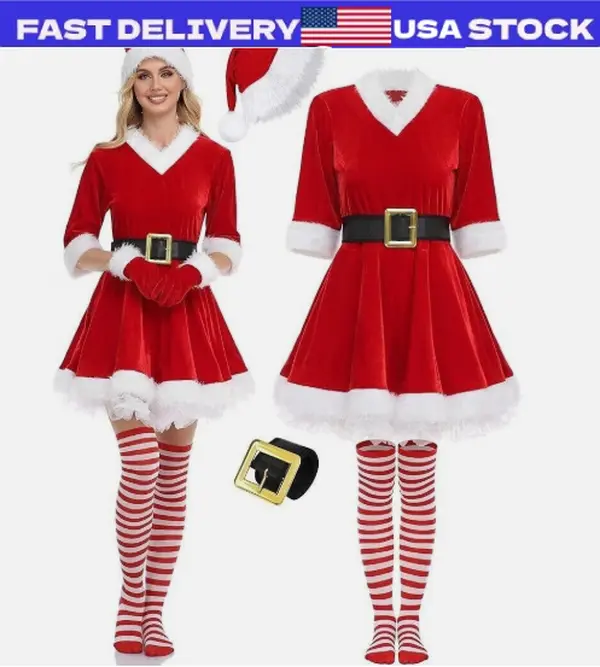 Mrs Claus Costume Adult Christmas Xmas Santa Fancy Outfit Dress + Belt + Hat Set
