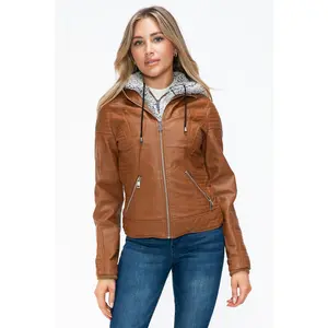 YMI Faux Layered Double-Zipper Jacket with Fuzzy Hood