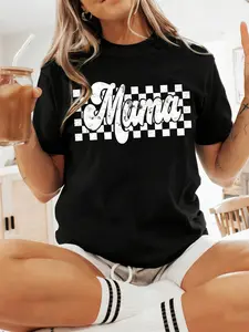 Women's Mama Graphic Pattern Vintage T-Shirt, Everyday Chic Family Style Plaid Print, Casual Fitted Daily Wear, Home Leisure Clothing