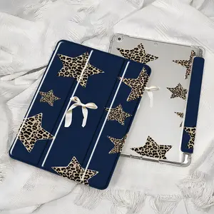 This adorable leopard print, star, white bow, and navy blue pattern case features an adjustable stand and pen slot. It's a foldable, non-slip TPU protective case suitable for Samsung, iPad mini, iPad Air, iPad Pro/iPad 10th and 11th generation iPads.