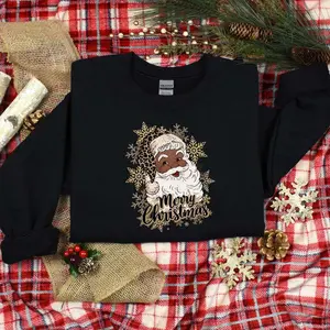 Leopard Black Santa Christmas Cozy Crewneck Sweatshirt, African American Santa Shirt, Christmas Cute Black Santa Gifts