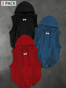 Men's 3-Pack Dumbbell Print Hooded Sleeveless T-Shirt, Casual Comfortable Hoodie Vest, Summer Outdoor Fitness Wear, Sleeveless Workout Tops, Fitness Sport Top