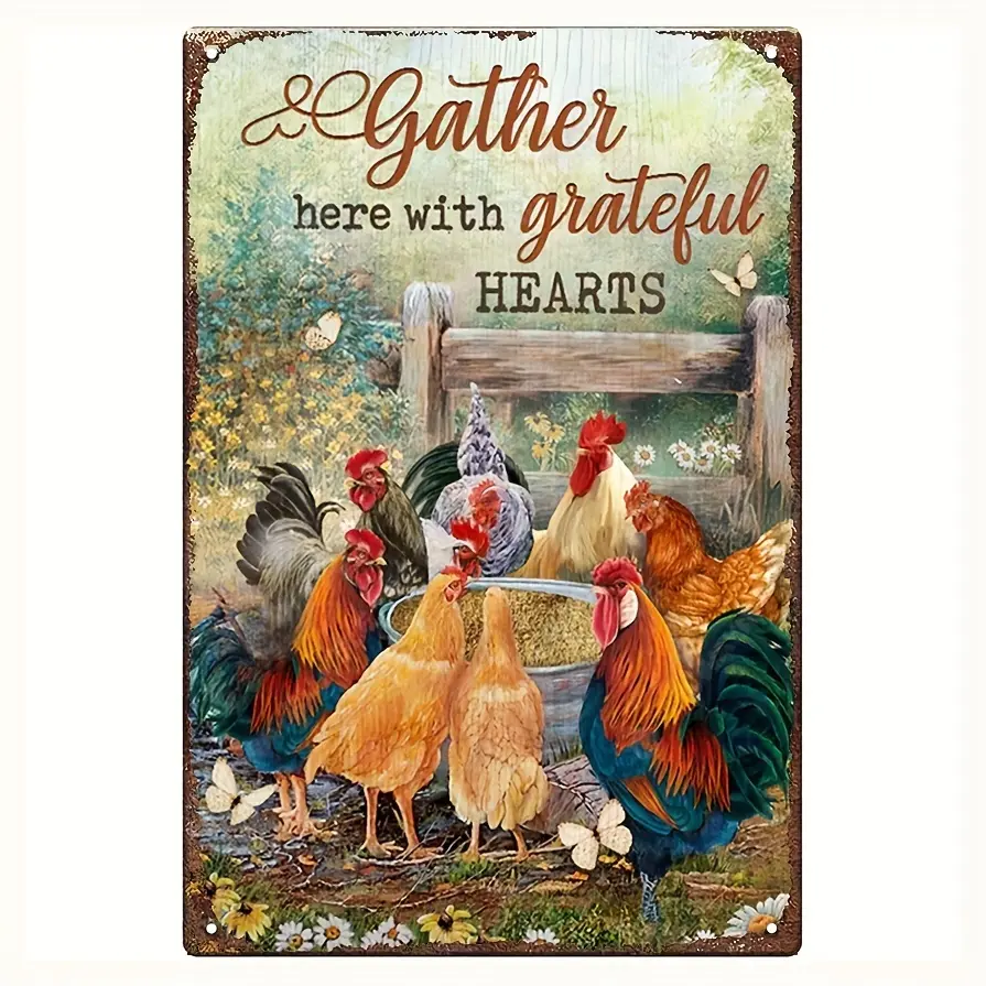 Metal Tin Signs 1pc Retro-Style Watercolor Rooster Meadow Land Gather Sign - Vintage Metal Poster Wall Decor for Party, Home, Farmhouse - 12x8 Inch, Distressed Finish, Gather Here with Grateful Hearts Wall Art