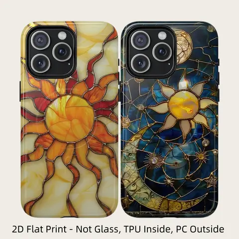 Stained Glass Art Celestial Stars & Yellow Gold Sun Flat Print Protective Casing for iPhone - TPU+PC Dual-Layer, Flexible Inner, Durable, Wireless Charging Ready, Compatible with iPhone 18,17,16,15,14,13,12,11,X,Xs,Xr, Protective Shell Phone Accessory
