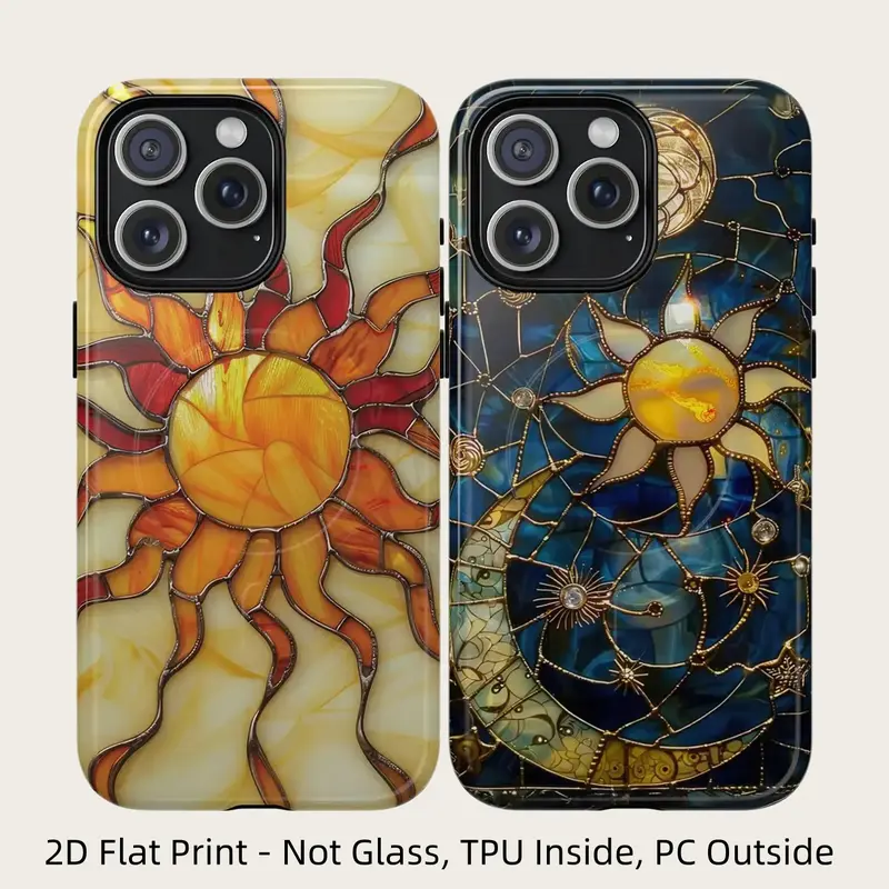 Stained Glass Art Celestial Stars & Yellow Gold Sun Flat Print Protective Casing for iPhone - TPU+PC Dual-Layer, Flexible Inner, Durable, Wireless Charging Ready, Compatible with iPhone 18,17,16,15,14,13,12,11,X,Xs,Xr, Protective Shell Phone Accessory