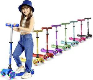 3-Wheel Kids Scooter with Multi-Color Wheel Lights, 4-Height Adjustable Handlebar, Wide Anti-Slip Deck, Child Safety Certified, for Boys & Girls Ages 2+ (Supports Up to 110 lbs)