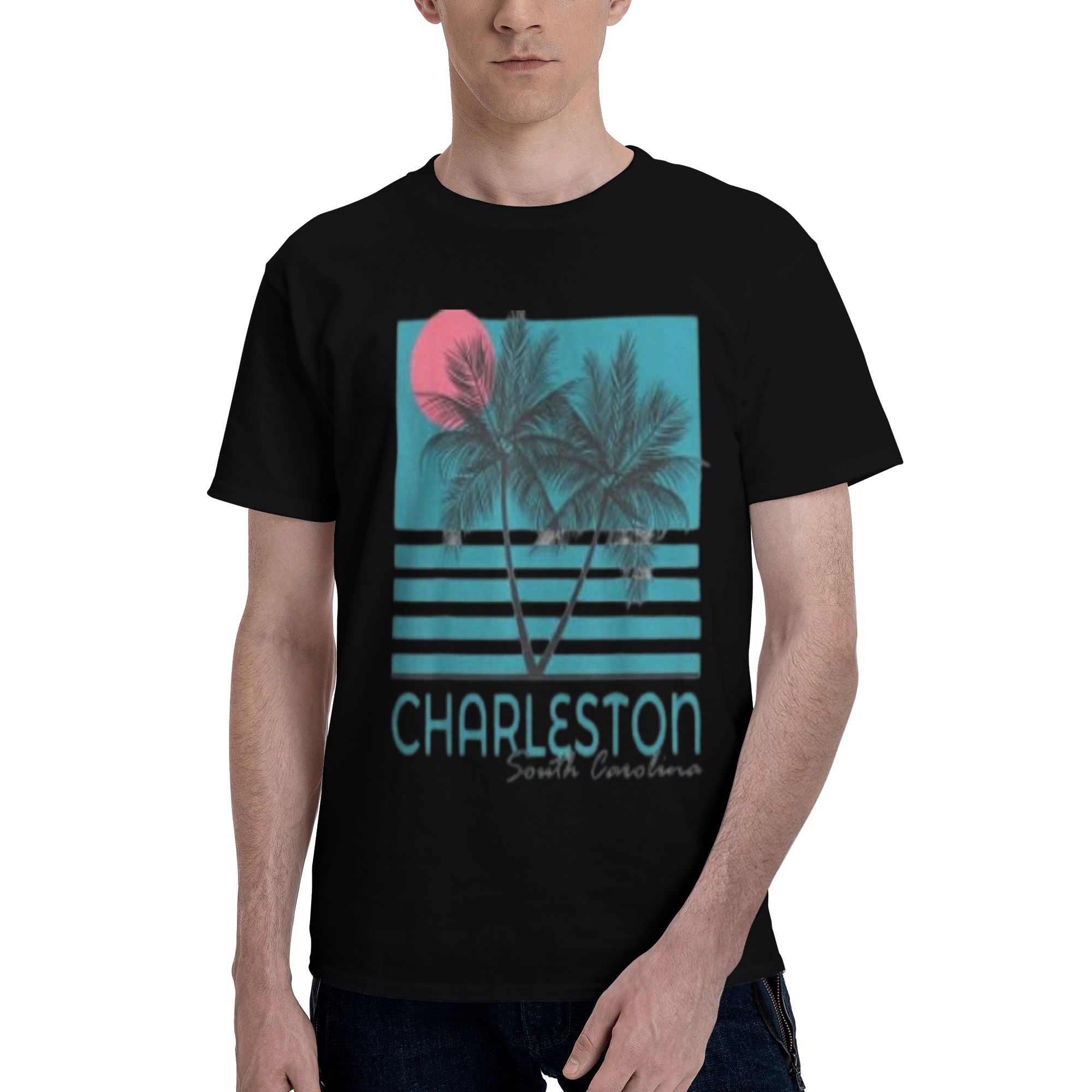 South Carolina, Retro 80S 90S Summer Style, Palm Tree Silhouette, Pink Sunset, Teal And White Stripes, Vintage Coastal Vacation Graphic, Minimalist Retro Illustration, Beach T-Shirt Design Menswear Man Tshirt