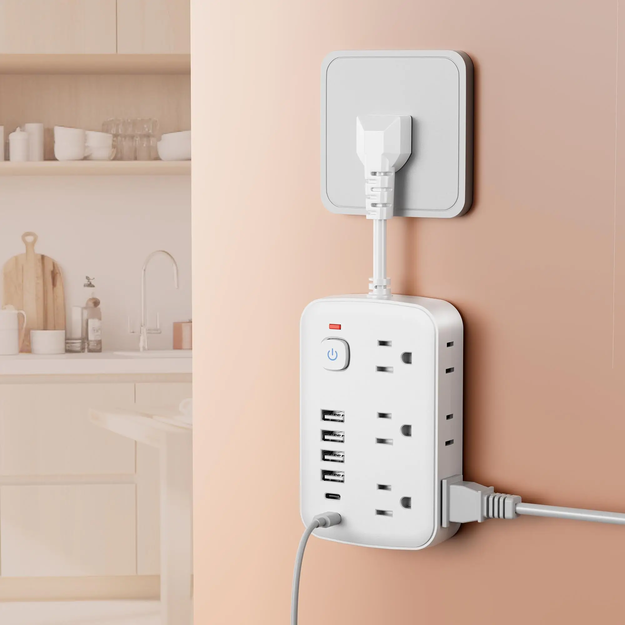 6-Outlet Flat Plug Power Strip with 6 USB Ports (2 Type-C), Compact Desk Charging Station with Surge Protector for Travel, Home, Office, and Dorm