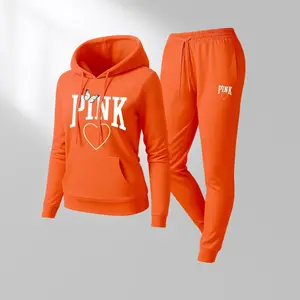 Women's Pink Cartoon Print Hoodie And Drawstring Track Pants Set, Casual Sportswear, Long-Sleeved Hooded Jacket And Pants, Suitable For Autumn And Winter, Everyday Wear, Indoor And Outdoor Sportswear, Casual Sportswear.