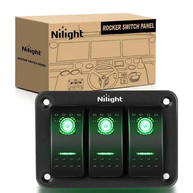 Nilight 3-Gang Aluminum 5-Pin ON/OFF Green Night Glow Backlit Metal Switch Panel, 132pcs Stickers, Easy-Installation Electrical Accessory for 12V & 24V DC Vehicles, Jeeps