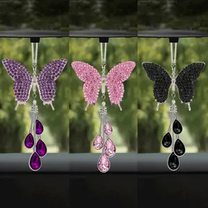 Bling Butterfly Diamond Car Accessories, Crystal Car Rear View Mirror Charms, Hanging Crystal Ornament Pendant Decor for Car, Home, Office, Bag, Lucky Gift Accessories