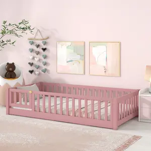 Twin size Floor Platform Bed with Fence and Door ,Pink