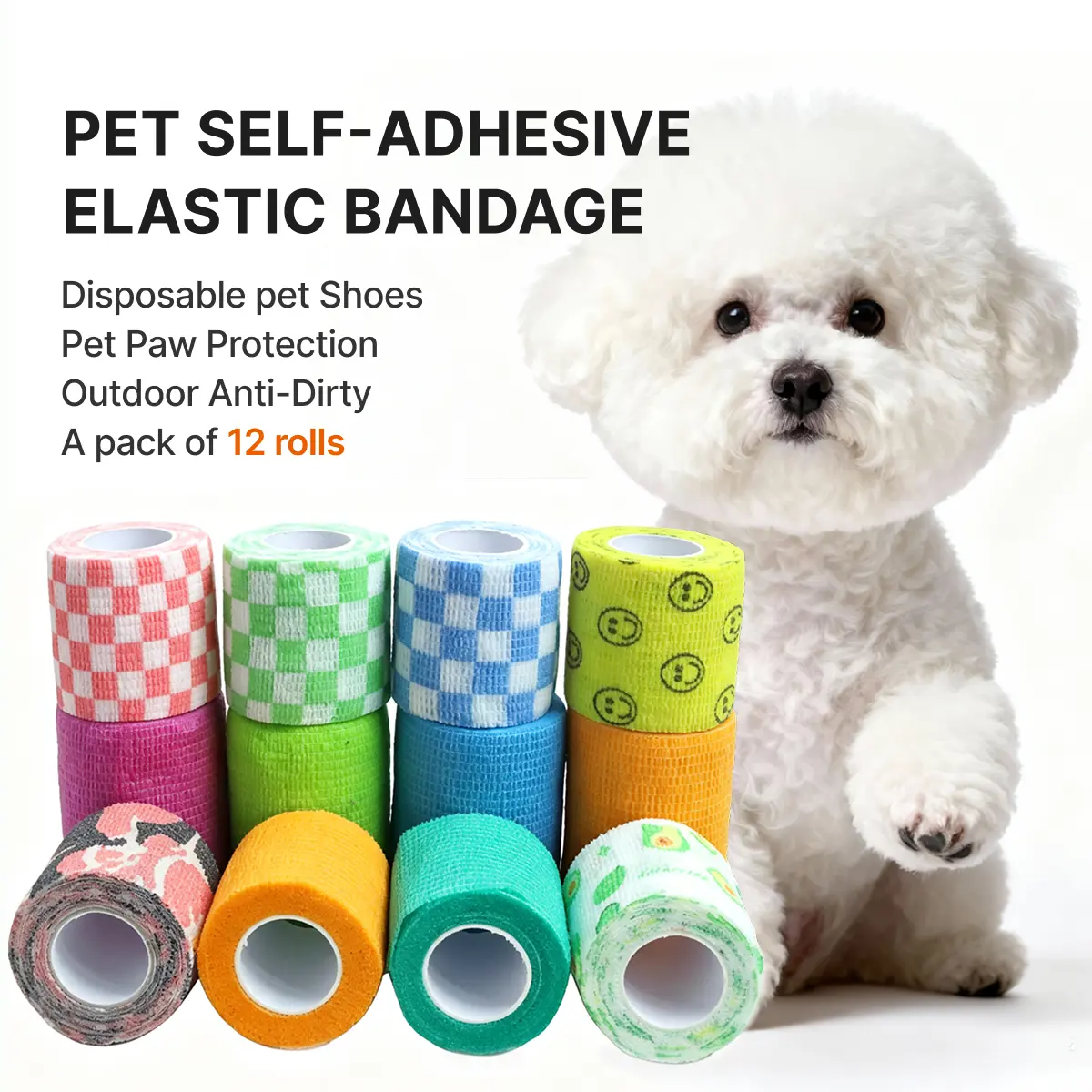 Disposable Dog Paw Wraps 12 Rolls - Super Strong Adhesive, Waterproof, Stain Resistant, Highly Elastic, Comfortable, Eco-Friendly, Adjustable Fit, Travel-Ready, Universal Paw Protection for Dogs & Cats Under 20 Lbs (Indoor/Outdoor Use), All Seasons