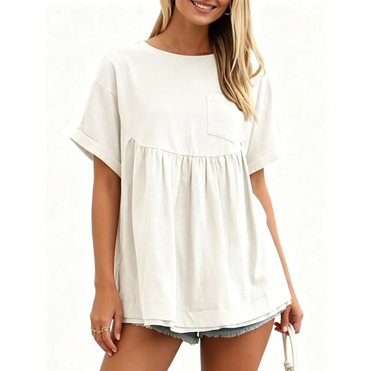 【New】Imily Bela Womens Summer Babydoll Tops Short Sleeve Crew Neck Tunic T Shirts Cute Swing Mini Dress