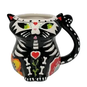 Day of the Dead Multi-colored Cat Shaped Cup Ceramic Coffee Mug Spectrum Designz Washable Reusable Drinkware