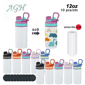 AGH 10pcs 12 oz Sublimation Blank Kids Sports Water Bottle with Mixed Color Handle Lids, Rubber Bottom and Shrink Wrap