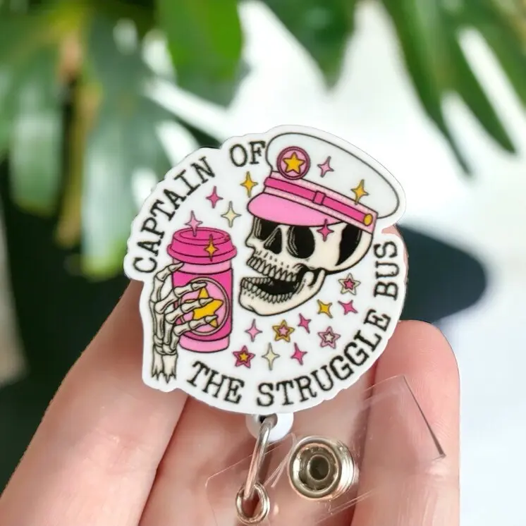 Glitter My Badge Funny coffee struggle bus badge reel for nurse and hospital workers. Badge clip Badge pull - Retractable swivel clip with a 360 rotation. Great gift for coworker.