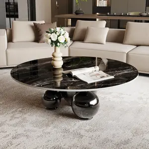 39.4" Modern Round Coffee Table with Glossy Sintered Stone Table-top, Livingroom Table with Stainless Steel Ball Legs