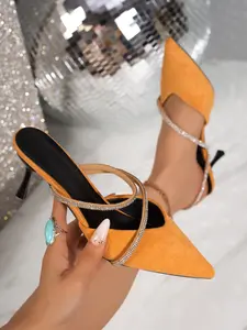 Velvet Pointed High Heel Shoes, Rhinestone Strap Backless Open Toe Sandals, Stiletto Sandals, Dressy Sandals, Stable Comfortable Elegant Style, Perfect for Special Occasions