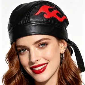 Women's Fashion Leather Hair Scarf Cap, Red Studded Bandana Headwrap Hat, Pirate Doo Rag Adjustable Cap for Biker Costume, Punk Party, Riding, Festival and Bold Moto Street Style