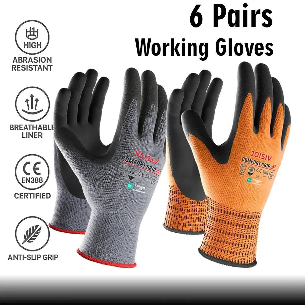 6-Pair Heavy-Duty Nitrile-Coated Safety Work Gloves, Anti-Slip Grip for Construction, Auto Repair, Warehouse & Gardening