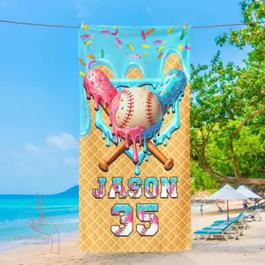 Custom Ice Cream Drip Baseball Beach Towel, Baseball Drip Beach Towel, Baseball Gift for Players Birthday, Baseball Team Gift, Gift for S, Travel Essentials