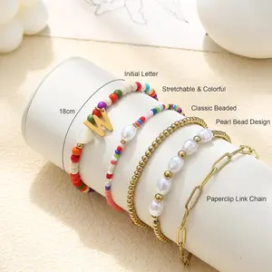 Sanfenly 5 PCS Initial Charm Bracelet for Women Gold Stack Pearl Beaded Bracelets Adjustable Colorful Paperclip Link Letter Waterproof Handmade Bracelet Summer Beach Trendy Jewelry Set (Letter A) dental supply bangle
