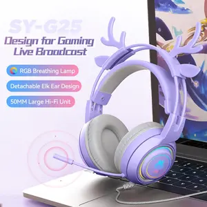 Sy-G25 Fashionable Cute Deer Ear Glowing Headset, Headphone, Wired Over-Ear Gaming Microphone, Multi-Device Compatible, Unisex Outdoor Travel Essential