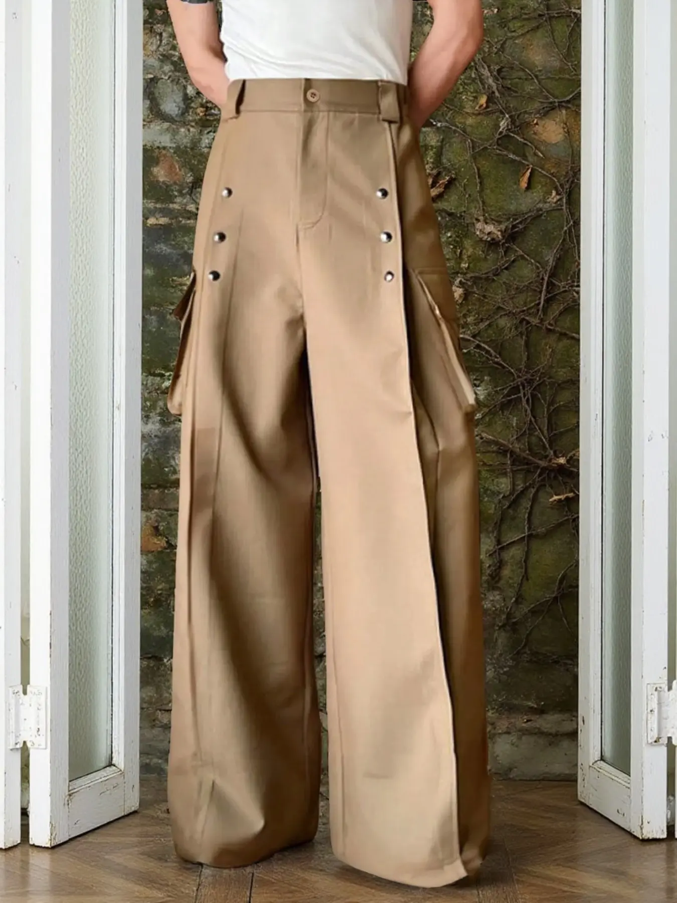 Men's Plain Wide Leg Pants, Casual Fit Trousers, Fake Button Decoration, Fashion Loose Fit, Casual Comfy Baggy, All Season Business Casual Style, Comfortable Wear, Casual Streetwear Trousers, Casual Comfy Pants