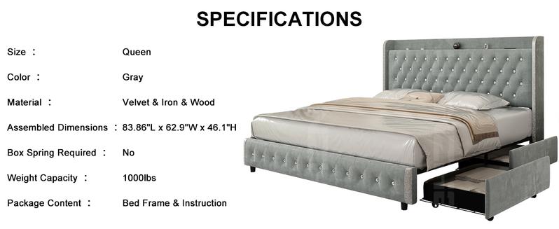 GEGOFORU Queen LED Galaxy Bed Frame with Projector, Bluetooth Speaker & USB Charging, Storage Headboard, PU Upholstered Platform Bed, White, No Box Spring Needed