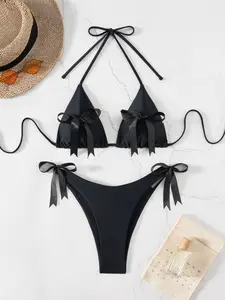 Women's Fashion Solid Color Bikini Set, Halter Bikini Top, Sexy Backless Swimsuit with Bow Tie Neck Strap, All Seasons Beachwear, Fitted Style, Plain Bikini Set, Adjustable Strap Bikini