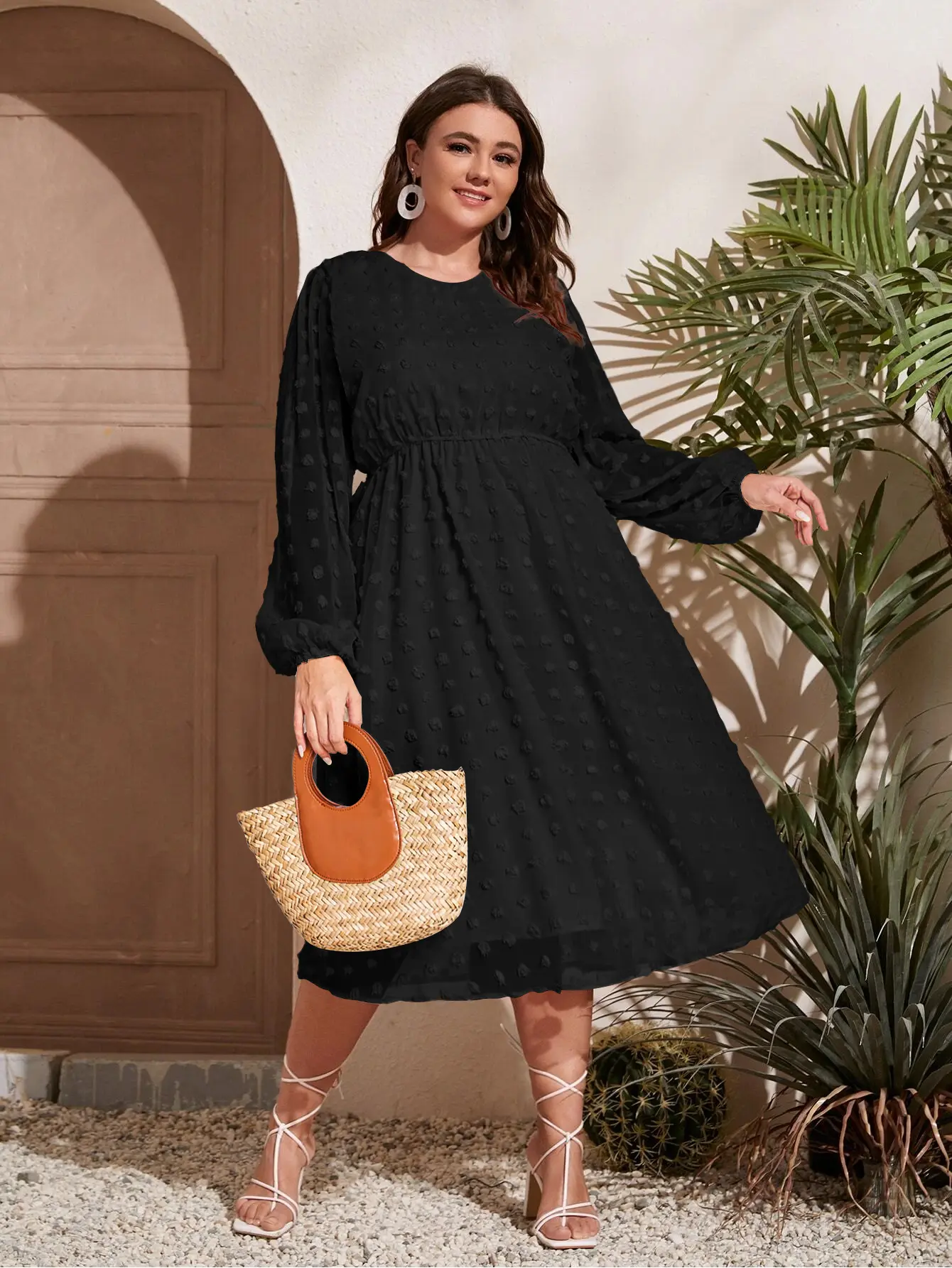 Women's Curvy Plus Size Solid Swiss Dot Chiffon Long-Sleeve Round Neck Midi Dress - Casual Wear, Flowy High Waist A-Line Ruffle Babydoll, Elastic Lantern Loose Sheer Fabric, Elegant Comfy Fit (16W-24W) - Women's Curvy Plus Size Solid Swiss Dot Chiffon Long-Sleeve Round Neck Midi Dress - Casual Wear, Flowy High Waist A-Line Ruffle Babydoll, Elastic Lantern Loose Sheer Fabric, Elegant Comfy Fit (16W-24W) -
