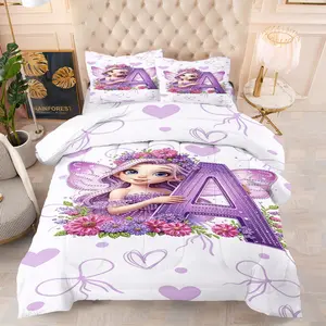 Purple Flower Fairy Initial Letter Comforter Set, 1 Comforter & 1-2 Pillowcases No Inner Liners, A-Z Letters, Cartoon Elf Heart Bow Design, Soft Warm, Dreamy Coquette Bedroom Decor, Exclusive Logo Gift