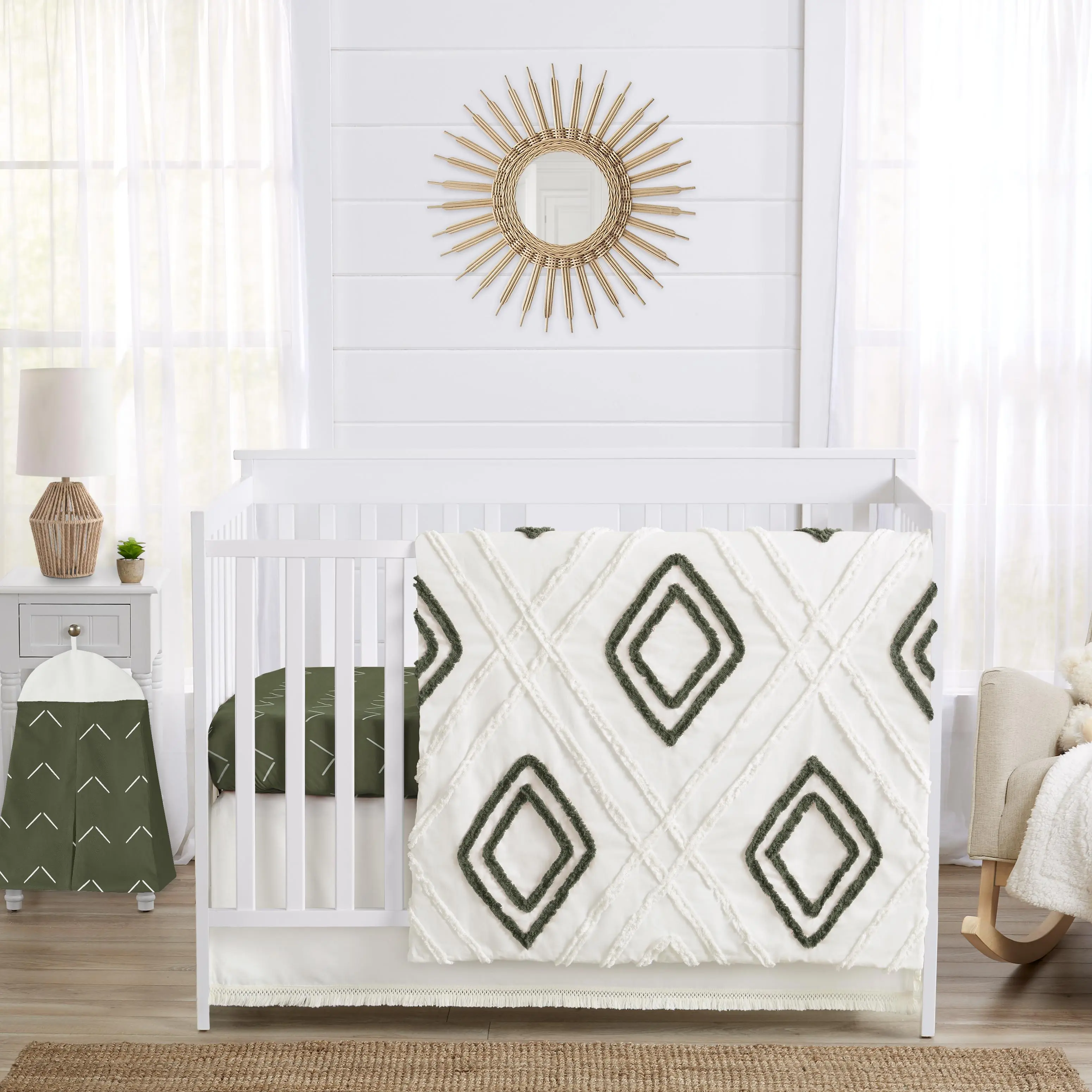 Sweet Jojo Designs 4-Piece Baby Crib Bedding Set (Boho Chic) for Boys or Girls, Infants/Nursery incl. Cotton Blanket, Fitted Sheet, Skirt, Diaper Stacker (Sage Green, Gender Neutral, Unisex Farmhouse)