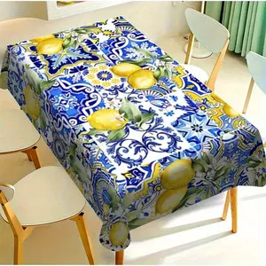 1 piece, lemon floral print tablecloth, summer dining table, blue, white, and yellow lemon pattern suitable for dining room decoration, weddings, picnics, camping, birthday parties, lemon kitchen decor, picnic tablecloth, vibrant dining table