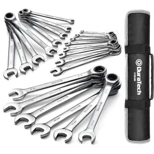 Ratcheting Wrench Set, Combination Wrench Set, SAE & Metric, 22-piece, 1/4" to 3/4" & 6-18mm, CR-V Steel, with Pouch